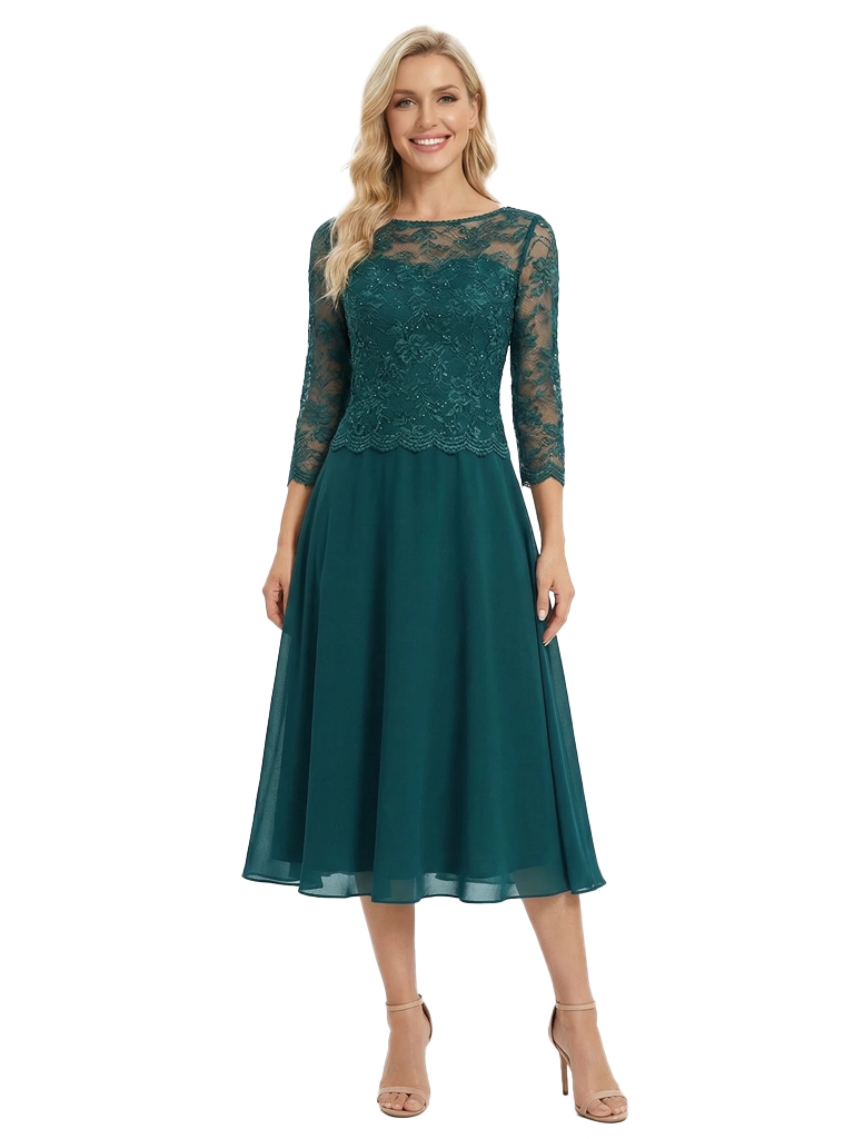 Chicsew Unique Chiffon A-Line Long Sleeves Lace Applique Midi Mother Of The Bride Dresses