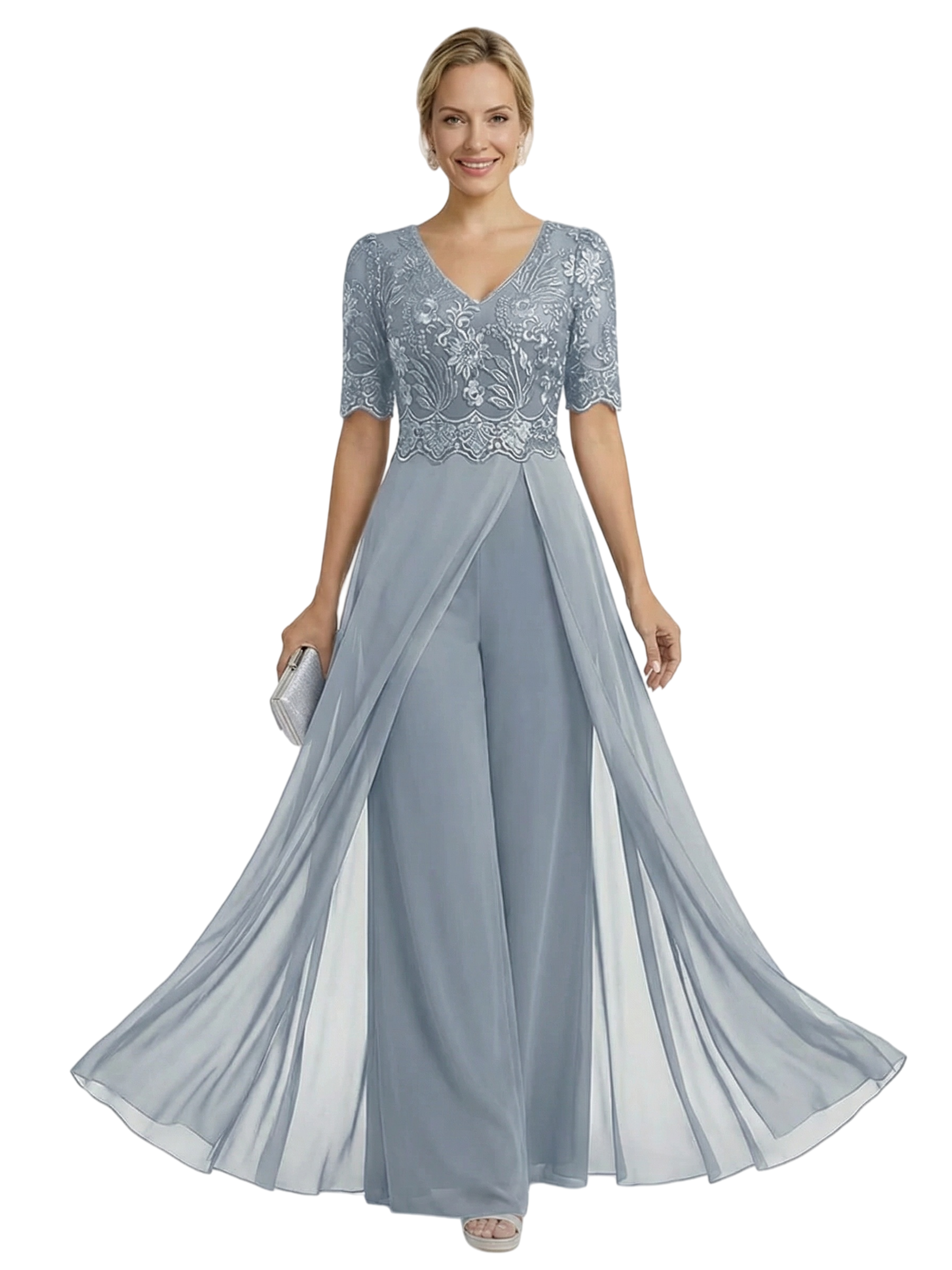 Elegant V-neck Chiffon And Lace Half Sleeves Pantsuit For Mother Of The Bride OverSkirt