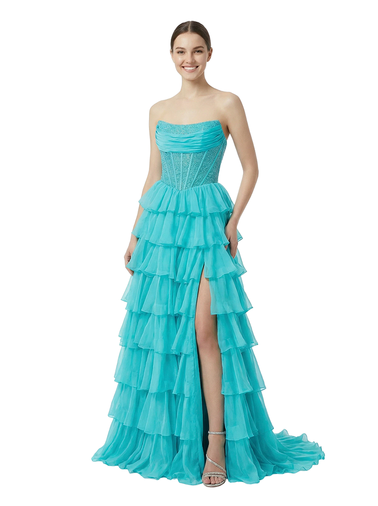 Elegant Strapless Side Slit Sleeveless Ruffles A-Line Corset Chiffon Formal Prom Dress