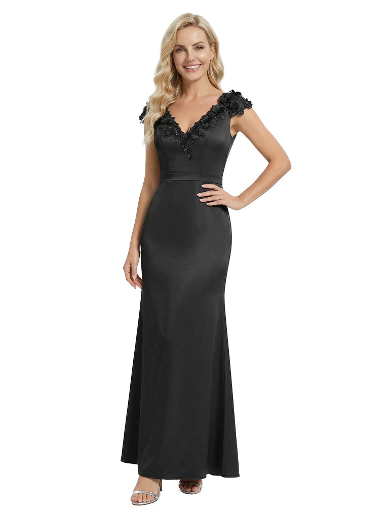 Elegant Sleeveless Floral V-Neck Floor-Length Satin Mother Of The Bride Dresses