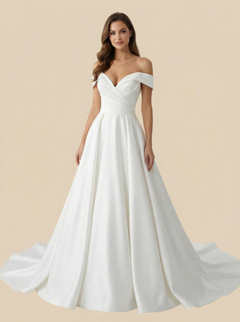 A-Line Off The Shoulder V-Neck Maxi Long Satin Wedding Dresses Gowns Online