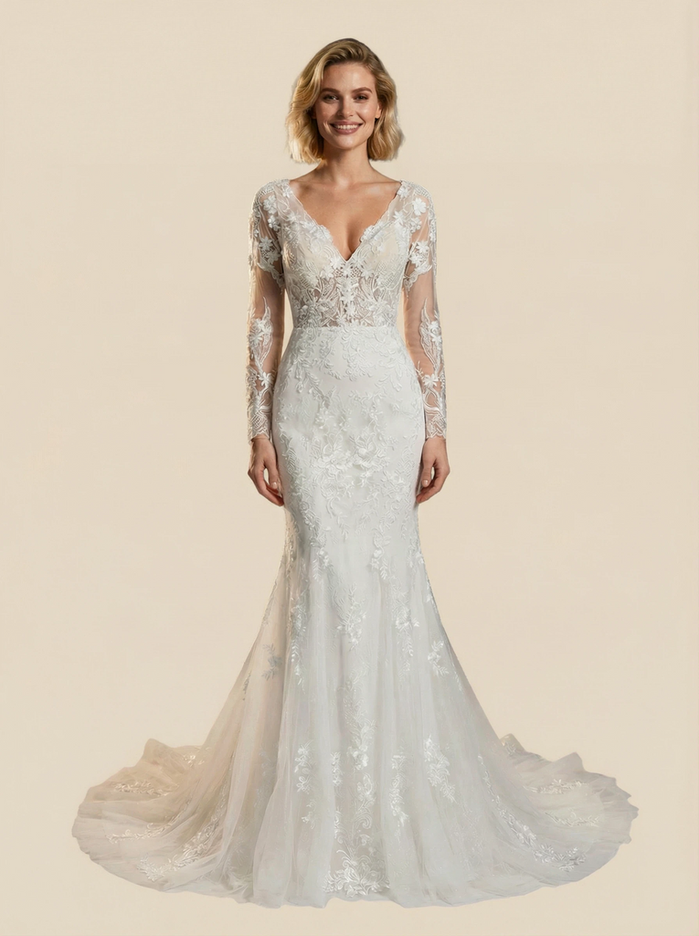 Mermaid Long Sleeves V-Neck Lace Maxi Long Wedding Dresses With Train