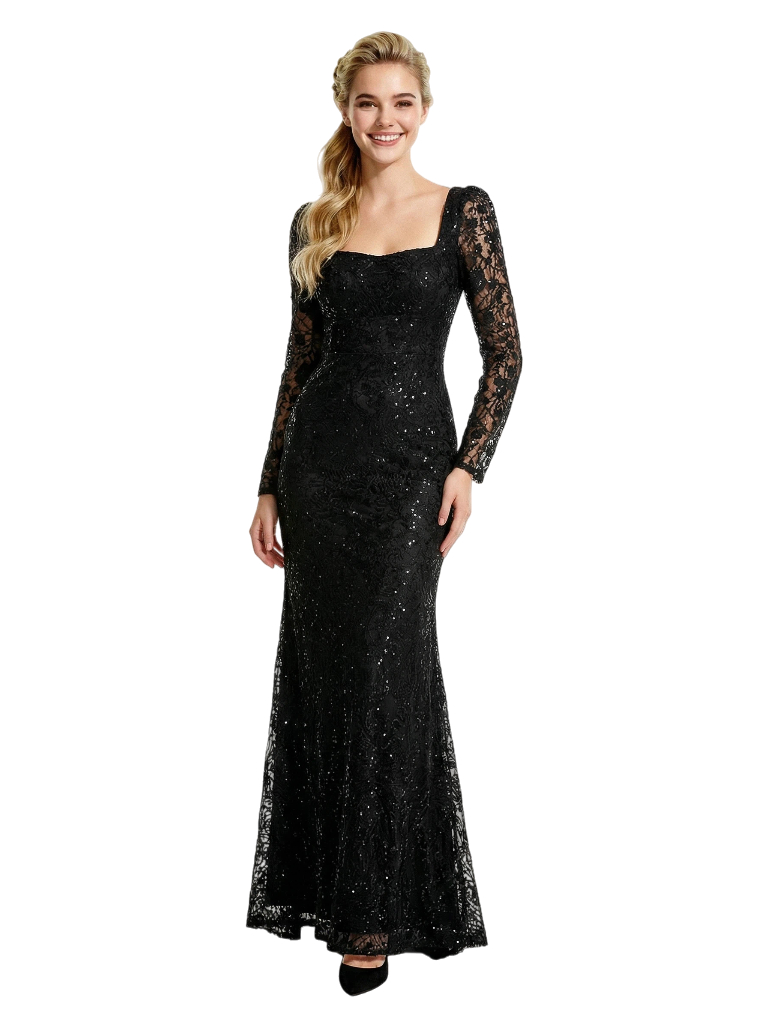 ChicSew Evening Gowns With Sleeves Sparkly Square Long Sleeves Sequin Mermaid Floor Length Prom Dress