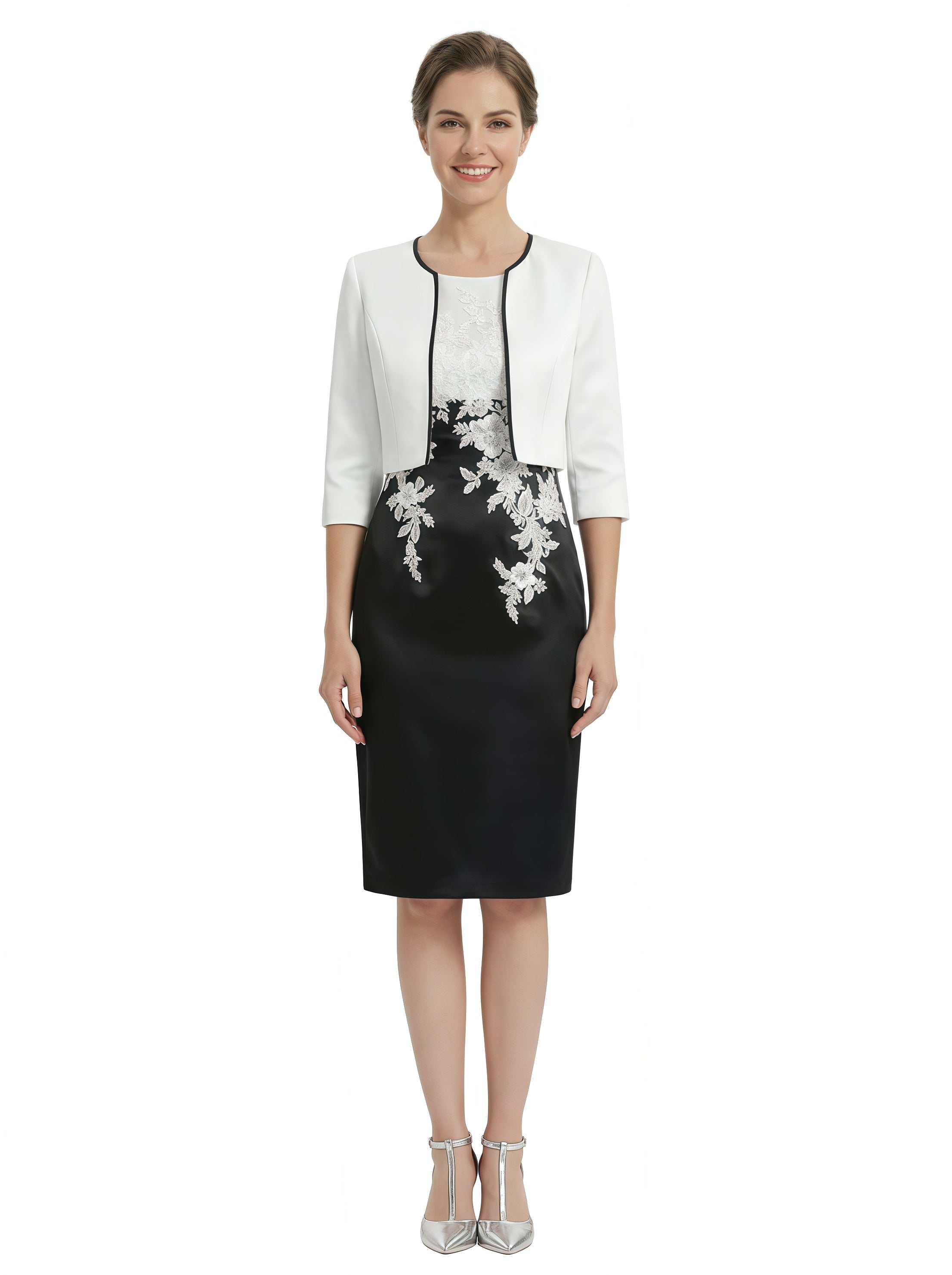 Elegant Black And White Satin One Shoulder Sheath Midi Mother Of The Bride Dresses With Jacket