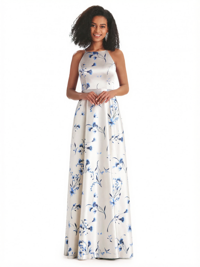 Sexy Spaghetti Straps A-line Long Satin Floral Formal Dresses For Women
