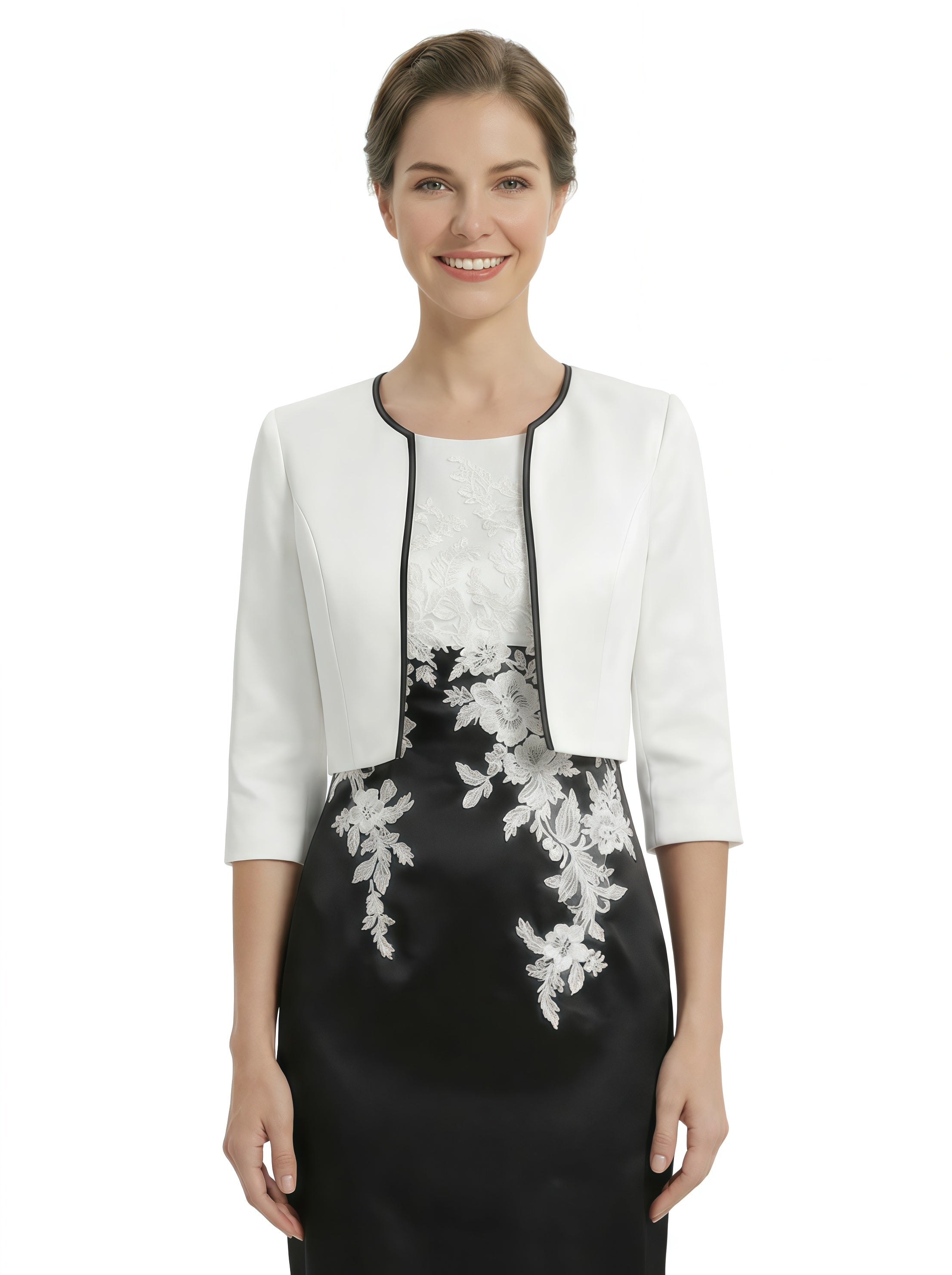 Elegant Black And White Satin One Shoulder Sheath Midi Mother Of The Bride Dresses With Jacket