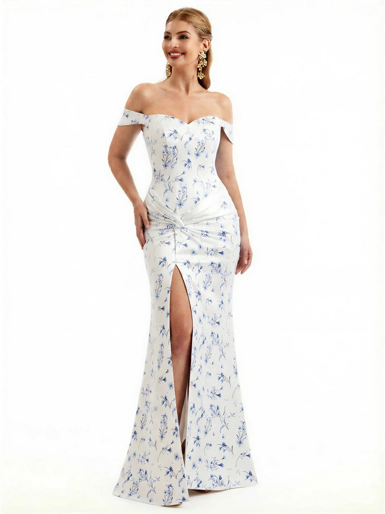 Beautiful Off Shoulder Side Slit Mermaid Floral Satin Maxi Floral Formal Dresses For Women