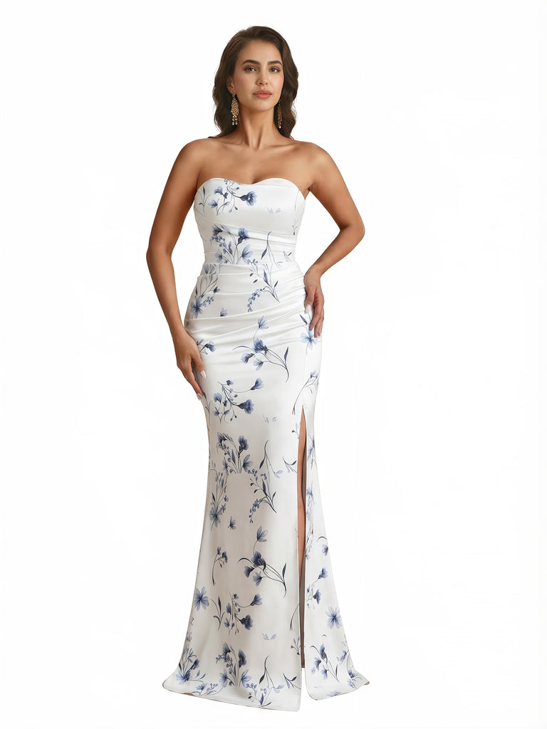 Trendy Sweetheart Strapless Side Slit Mermaid Long Satin Floral Formal Dresses For Women