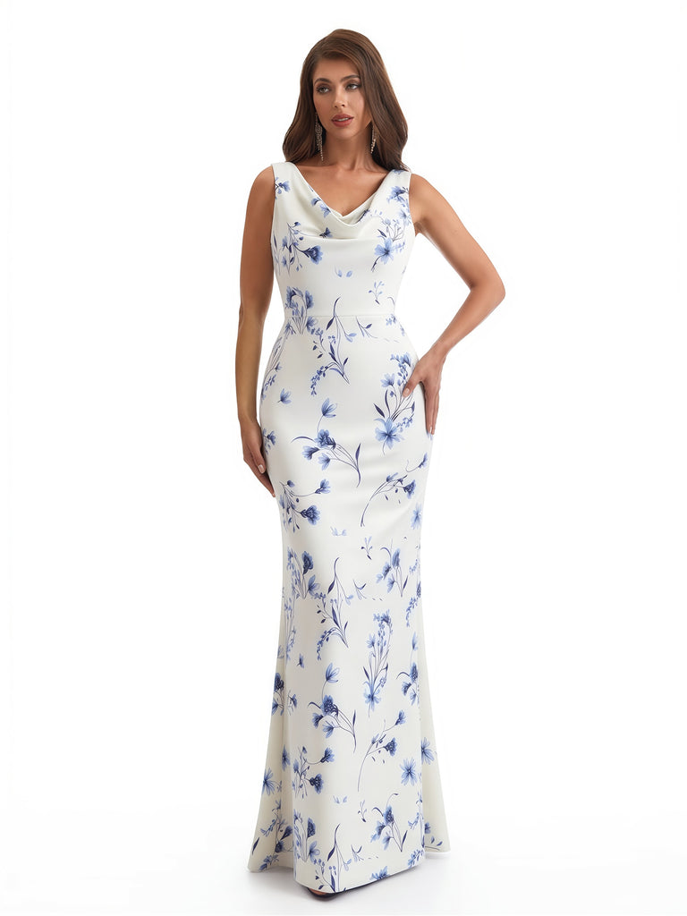 Elegant Spaghetti Straps Cowl Mermaid Long Satin Floral Formal Evening Dresses For Ladies