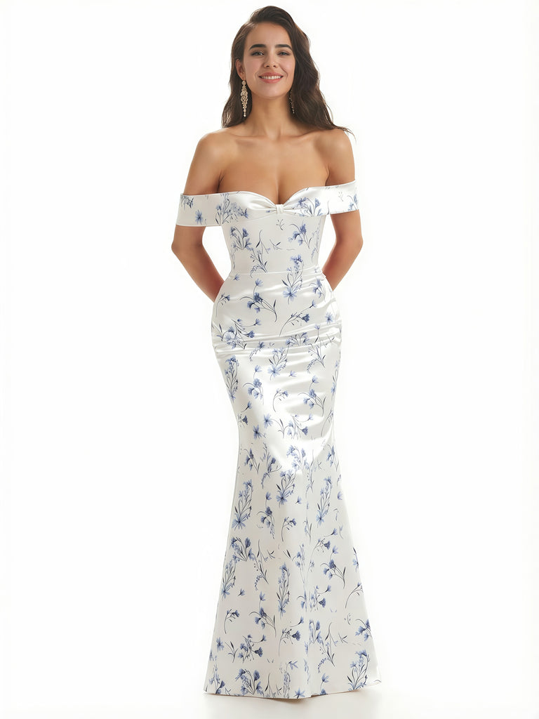 Elegant Off Shoulder Mermaid Floral Satin Maxi Floral Formal Evening Dresses