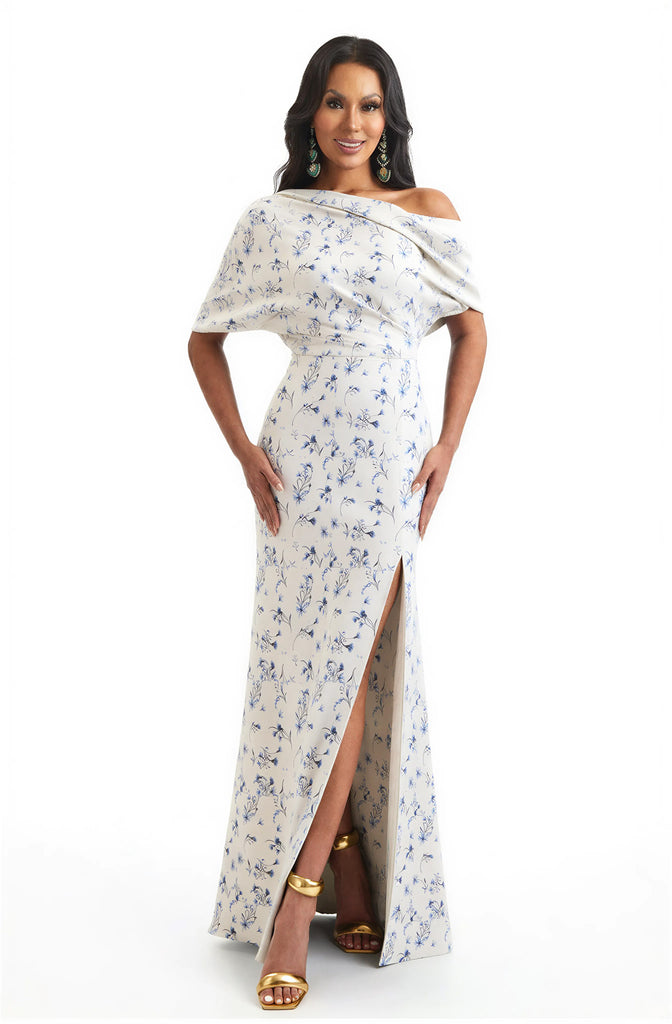 Elegant Half Sleeves Side Slit Mermaid Floral Satin Maxi Floral Formal Dresses For Women