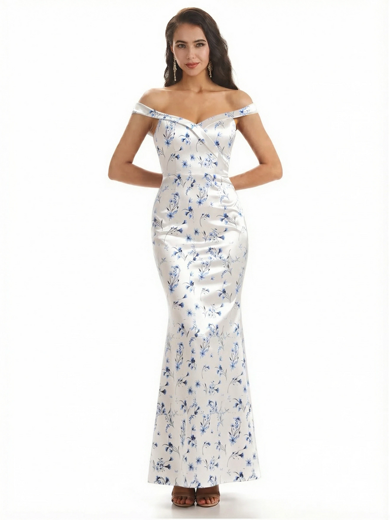 Simple Off Shoulder Mermaid Floral Satin Maxi Floral Formal Dresses For Women