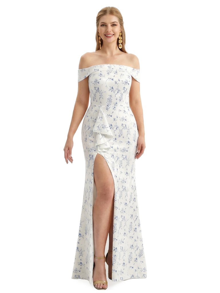 Simple Off Shoulder Side Slit Mermaid Long Satin Floral Formal Evening Dresses For Ladies