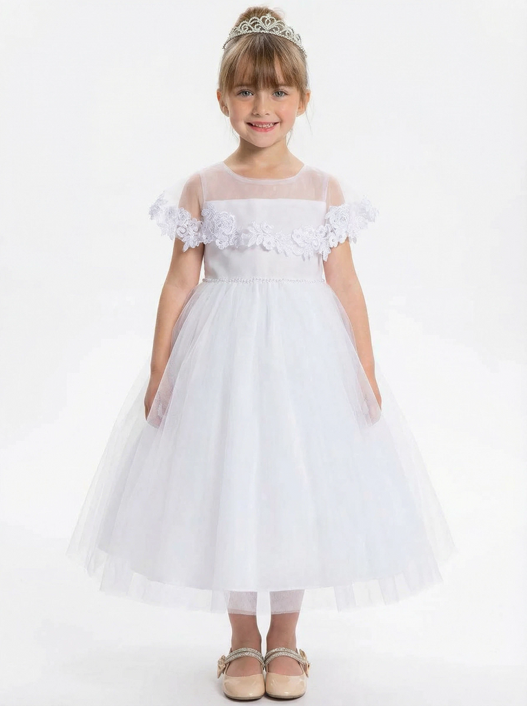 Off Shoulder Flower Girl Dress with Illusion Neck Tulle Skirt Beaded Waist Formal Gown