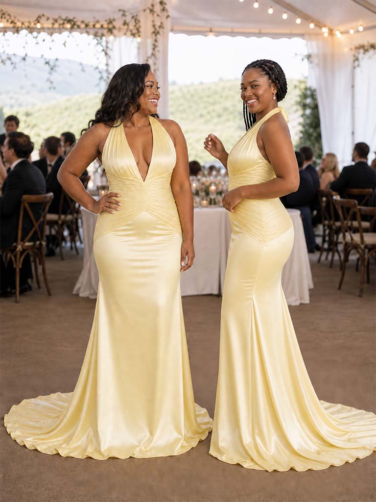 ChicSew Sexy V-Neck Halter Strap Ruching Mermaid Soft Satin Long Bridesmaid Dresses
