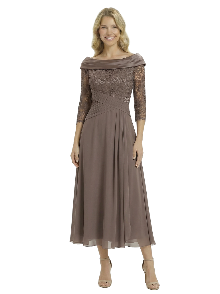 Chicsew Classy Chiffon A-Line Off The Shoulder Lace Applique Tea-Length Mother Of The Groom Dress