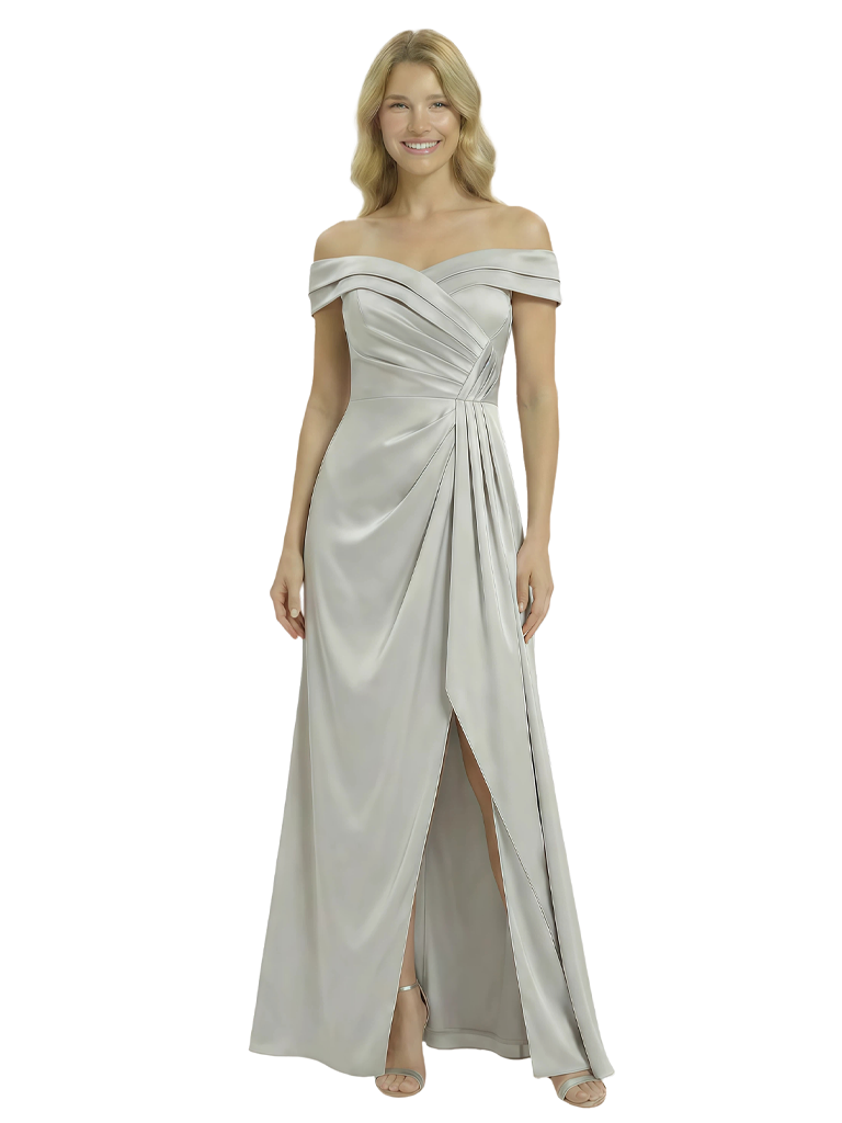 Chicsew Off The Shoulder Mother Of The Groom Dresses Side Slit Satin Ruched A-Line Gown