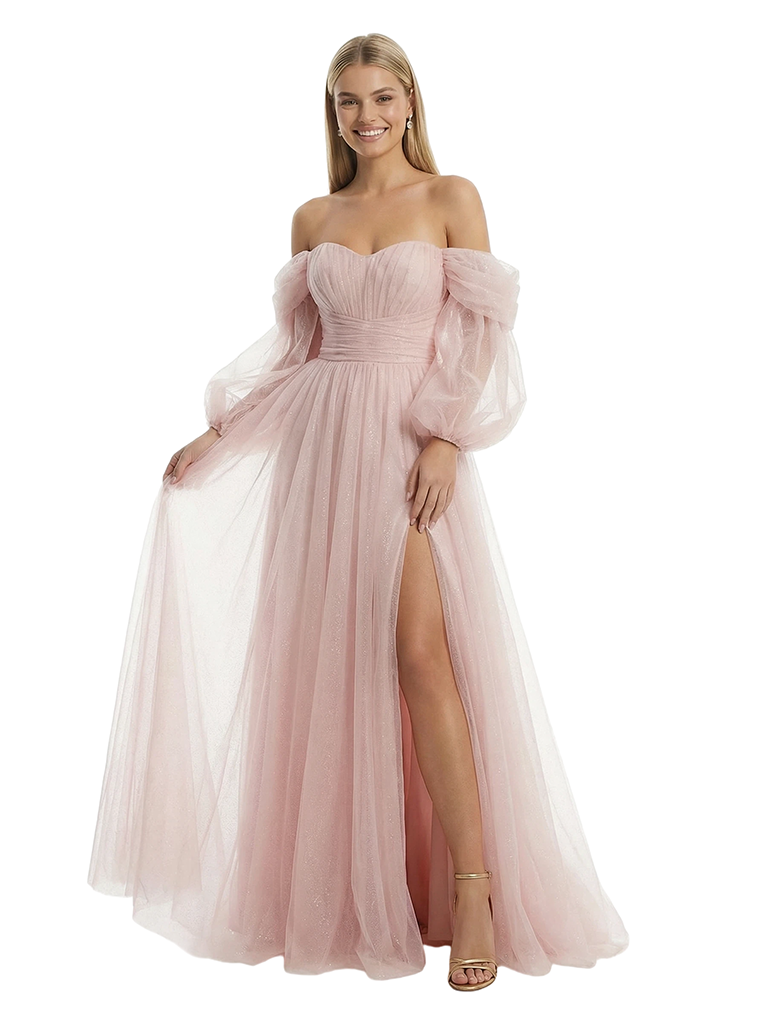 Chic Sweetheart Long Sleeves Side Slit Tulle A-Line Formal Prom Dress