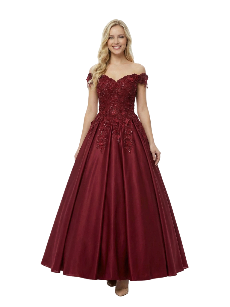 Unique Off The Shoulder Satin A-Line Lace Ball Gown Graduation Dress