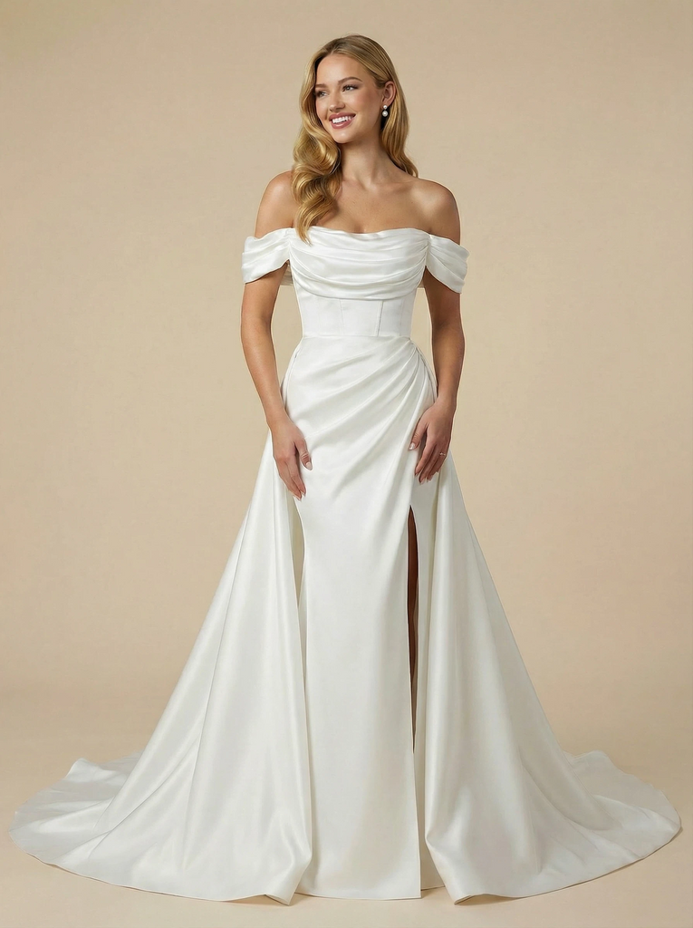 Mermaid Off Shoulder Maxi Long Satin Side Slit Wedding Dresses Online With Detachable Skirt