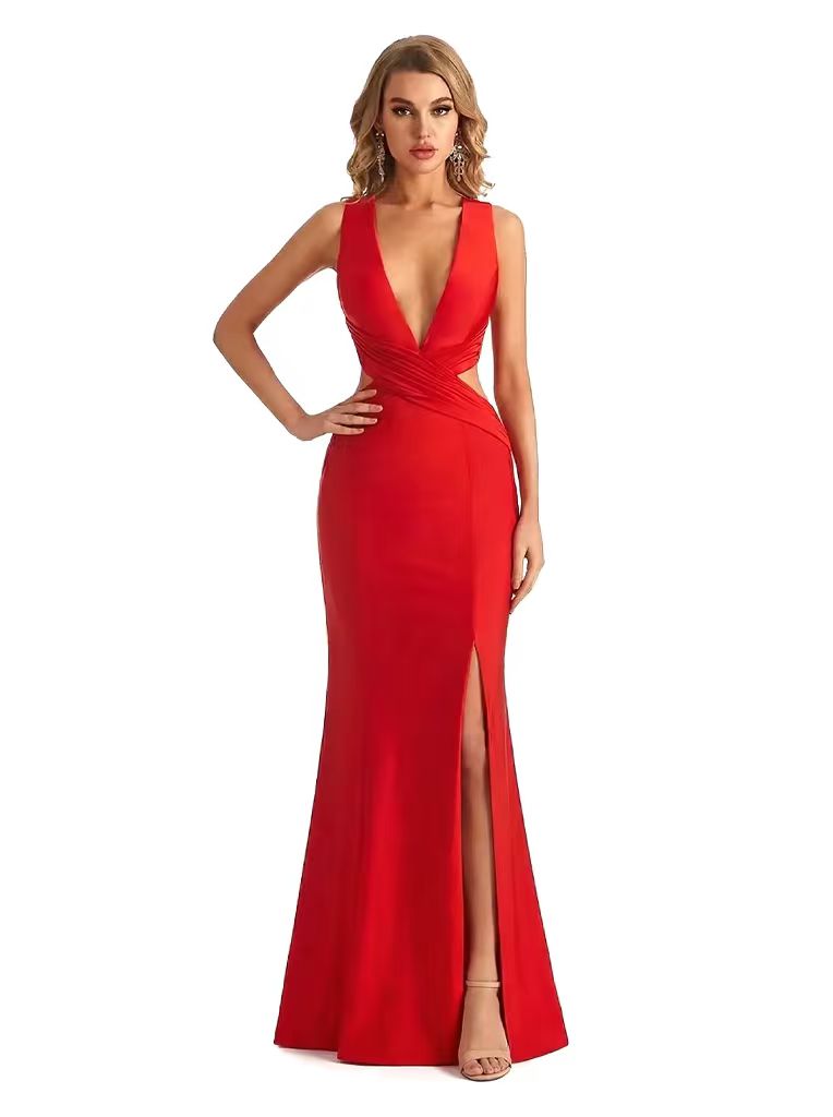 Sexy V-neck Side Slit Jersey Mermaid Floor Length Evening Formal Dresses