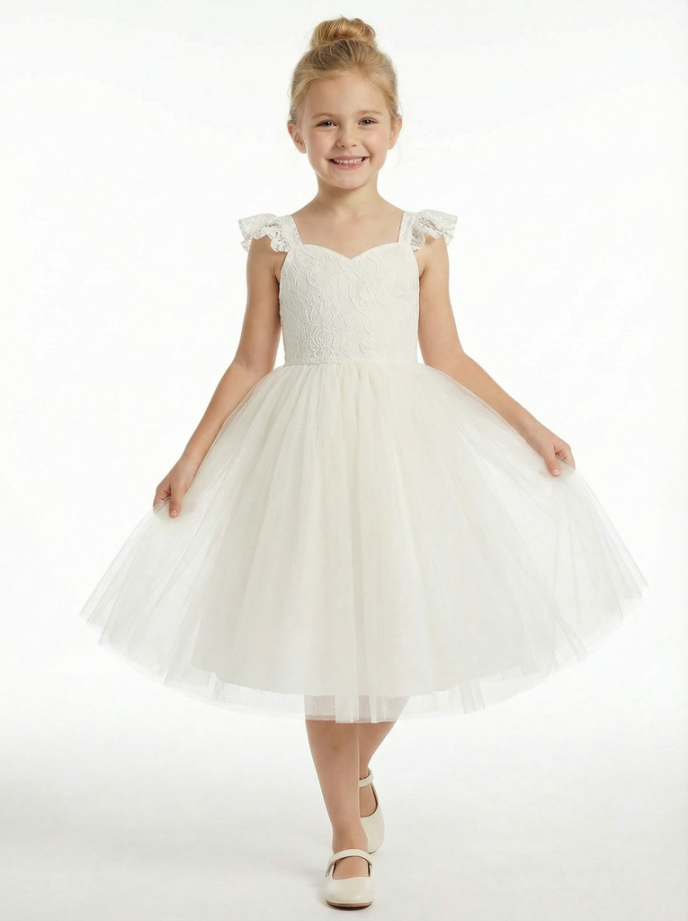 Lace Bodice Tulle Ball Gown Flower Girl Dress with Sweetheart Neckline and Flutter Sleeves