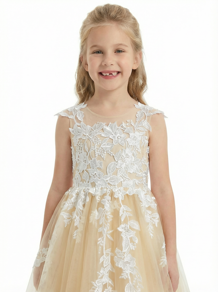 Lace Appliqué Flower Girl Dress, Spaghetti-Straps Illusion-Neck, Elegant Tulle Skirt