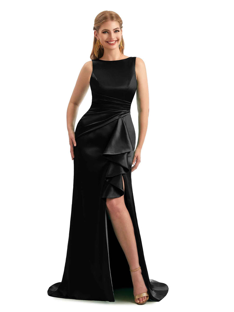 Scoop Ruffles Black Satin Side Slit Bridesmaid Dresses