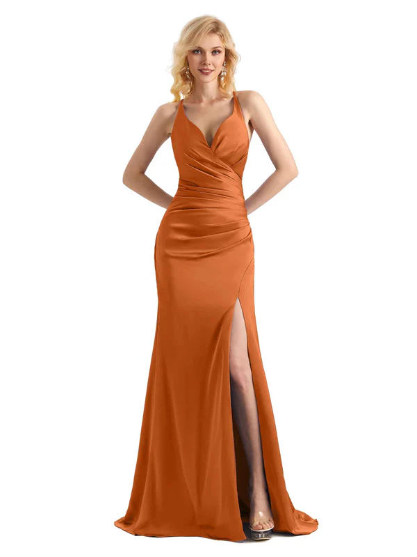 Elegant V-neck Criss Cross Soft Satin Side Slit Long Mermaid Bridesmaid Dresses In Stock