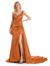 Burnt Orange Sexy Side Slit Mismatched Soft Satin Mermaid Long Bridesmaid Dresses Online