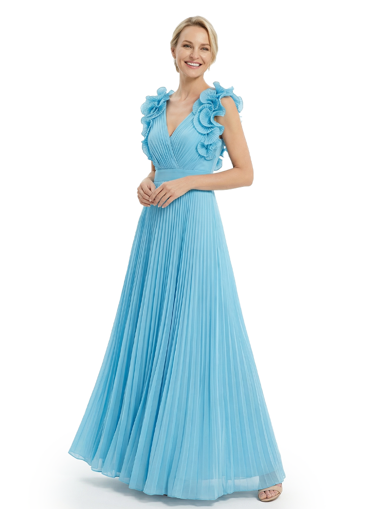 Chicsew Mother of The Groom Dresses V-Neck Sleeveless Chiffon Gown Pretty Ruffled Formal Bridal Event Dress