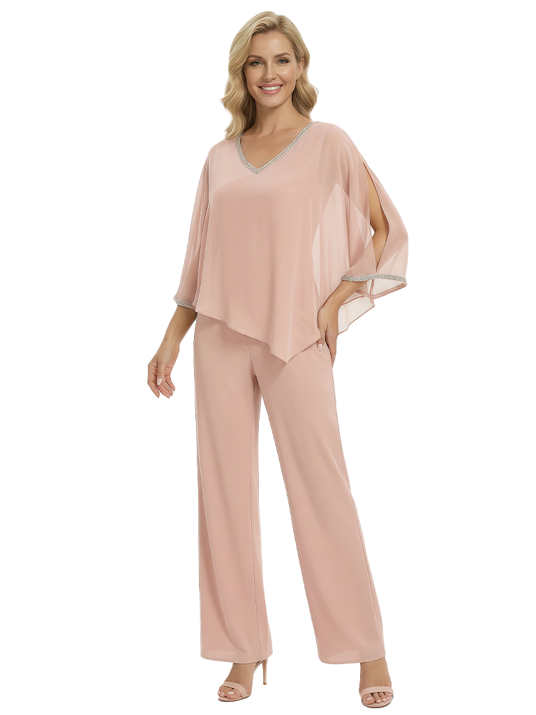 Modern Mother of The Groom Outfit Pretty V-Neck Chiffon PantSuit