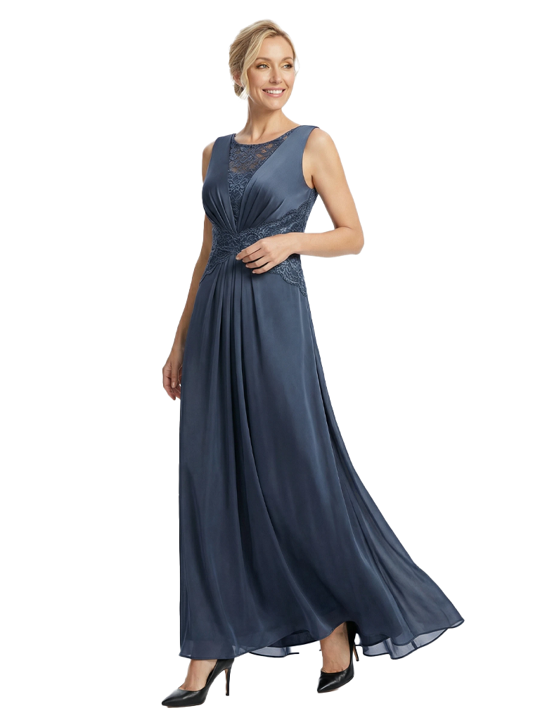 Chicsew Mother of The Bride Dresses Scoop Sleeveless Lace Chiffon Maxi Gown Classy Ruched Formal Wedding Event Dress