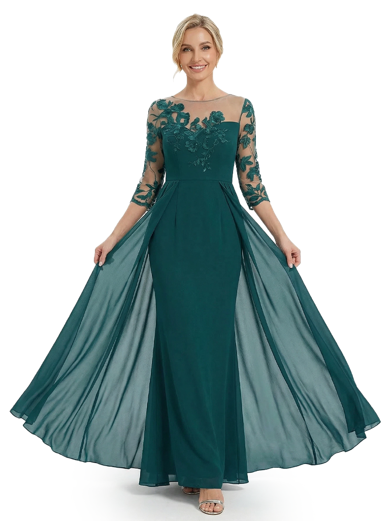 Chicsew Unique Mother of The Bride Dress Illusion Lace 3/4 Sleeves Overlay Chiffon Floor Length Flowy Elegant Formal Occasion Gown