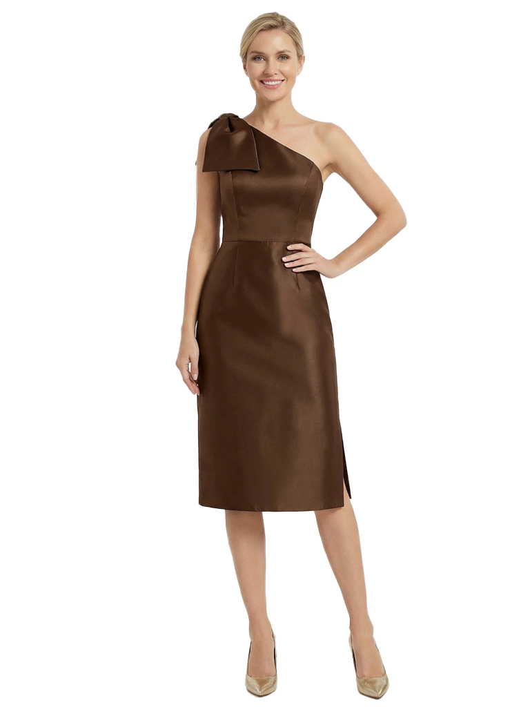 Stylish One Shoulder Satin Midi Dress with Bow Detail Mother of The Groom Dresses