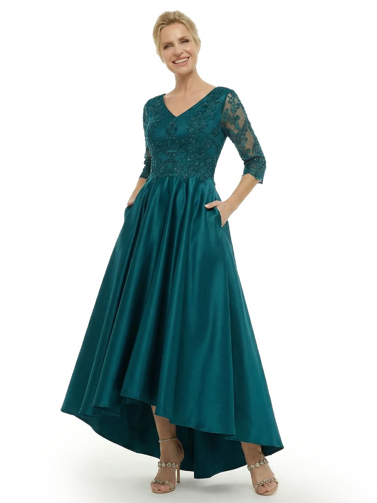 Chicsew Classy Mother of The Bride Dress V-Neck 3/4 Sleeves Beaded Bodice High-Low Satin Fabric Pockets Flowy Glamorous Formal Wedding Event Gown