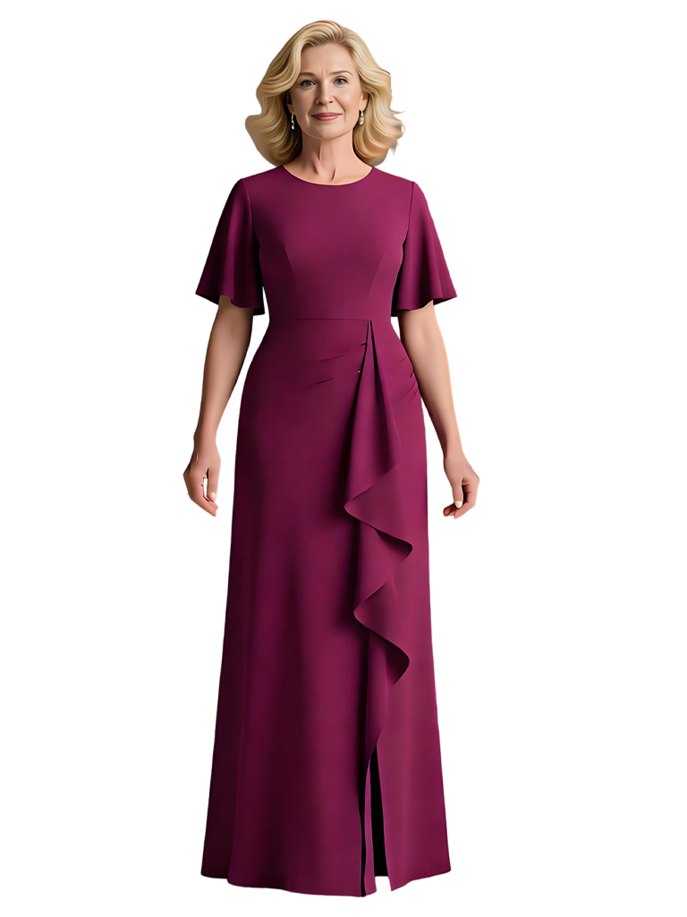 Chicsew Pretty Mother of The Groom Dress Jewel Neck Short Sleeves Ruffled Detail Fitted Maxi Jersey Graceful Wedding Celebration Gown
