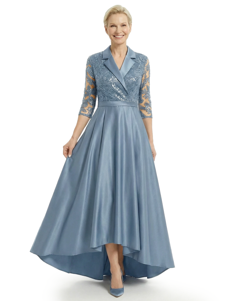 Timeless Scalloped V-Neck Lace Satin Mother of the Bride Gown With Sleeve