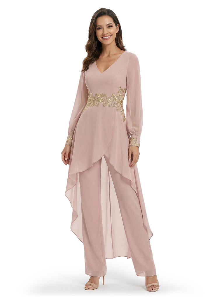 Beautiful Long Sleeves V-Neck Lace Chiffon Jumpsuit For Mother of the Bride