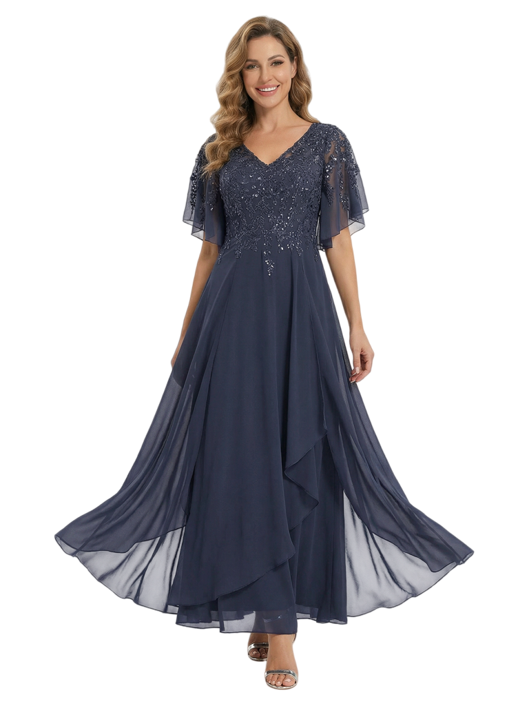Fancy Flutter Sleeves V-Neck Ankle-Length Mother of the Groom Dresses Overskirt