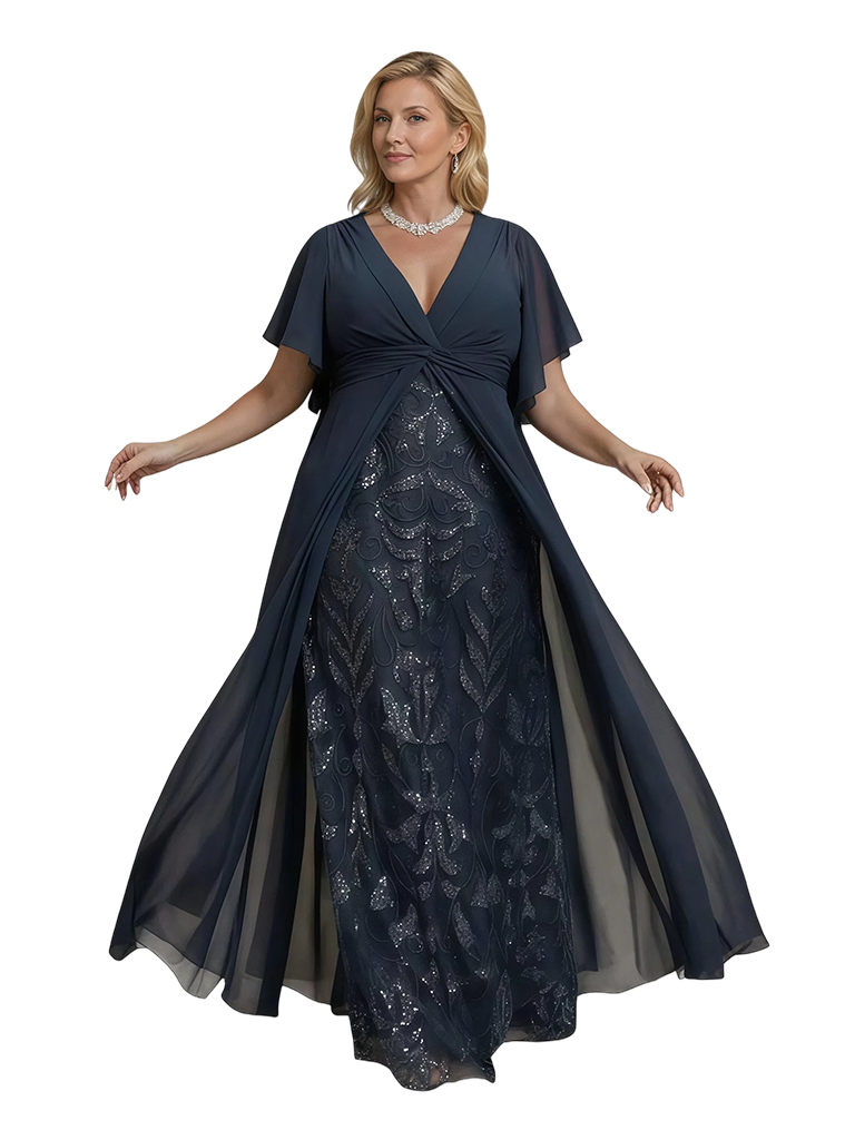 Elegant V-neck Bell Sleeves Lace Chiffon A-Line Mother of The Bride Dresses Overskirt