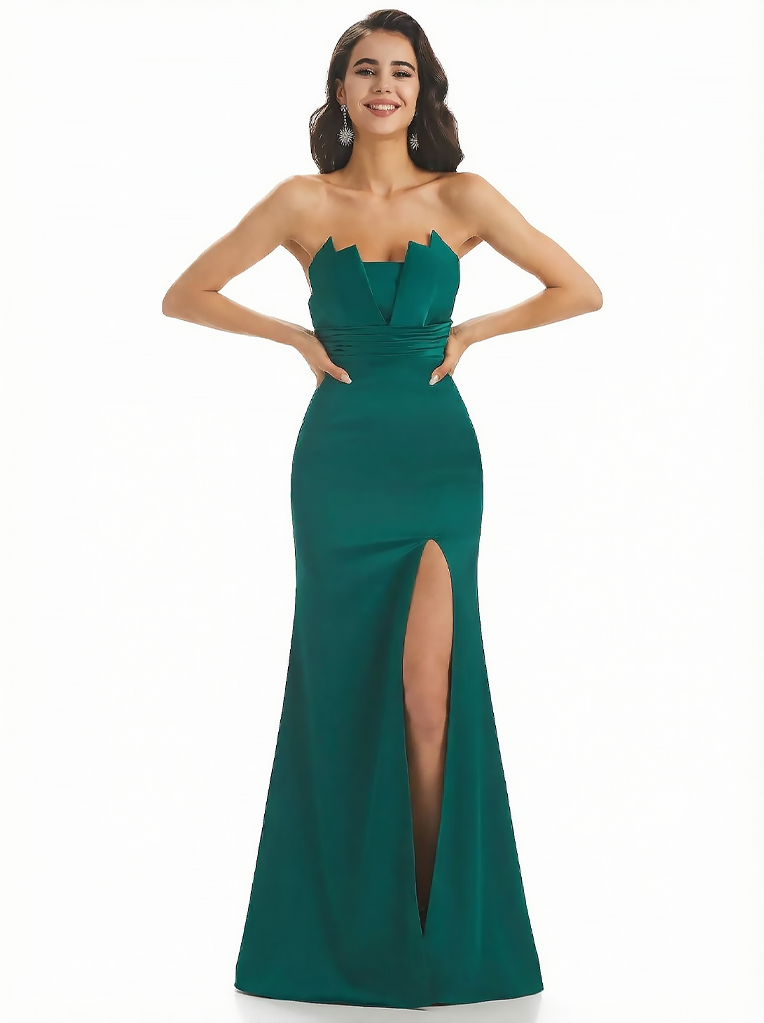Sexy Strapless Mermaid Silky Satin Long Evening Formal Dresses Side Slit