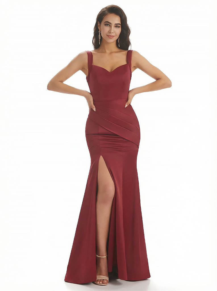 Sexy Straps Mermaid Side Slit Straps Square Silky Satin Long Formal Dresses