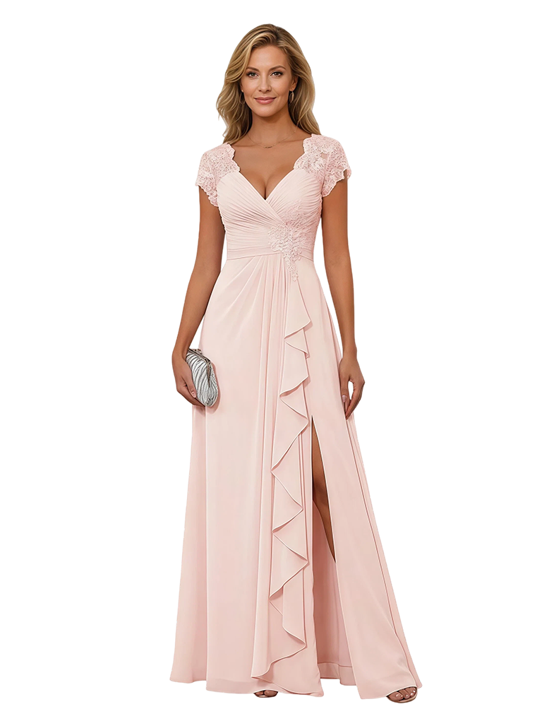 Elegant V-neck Cap Sleeves Ruffles Chiffon A-Line Mother of The Bride Dresses