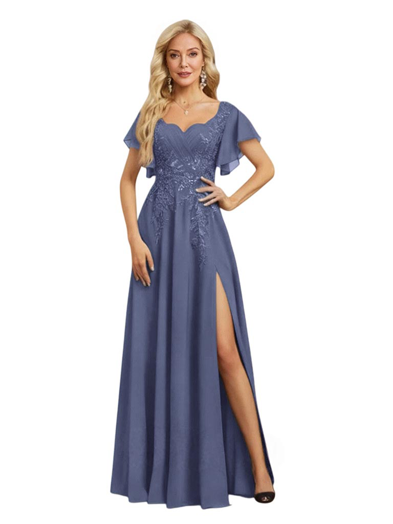 Elegant Bell Sleeves Side Slit Chiffon Mermaid Long Mother of The Bride Dresses