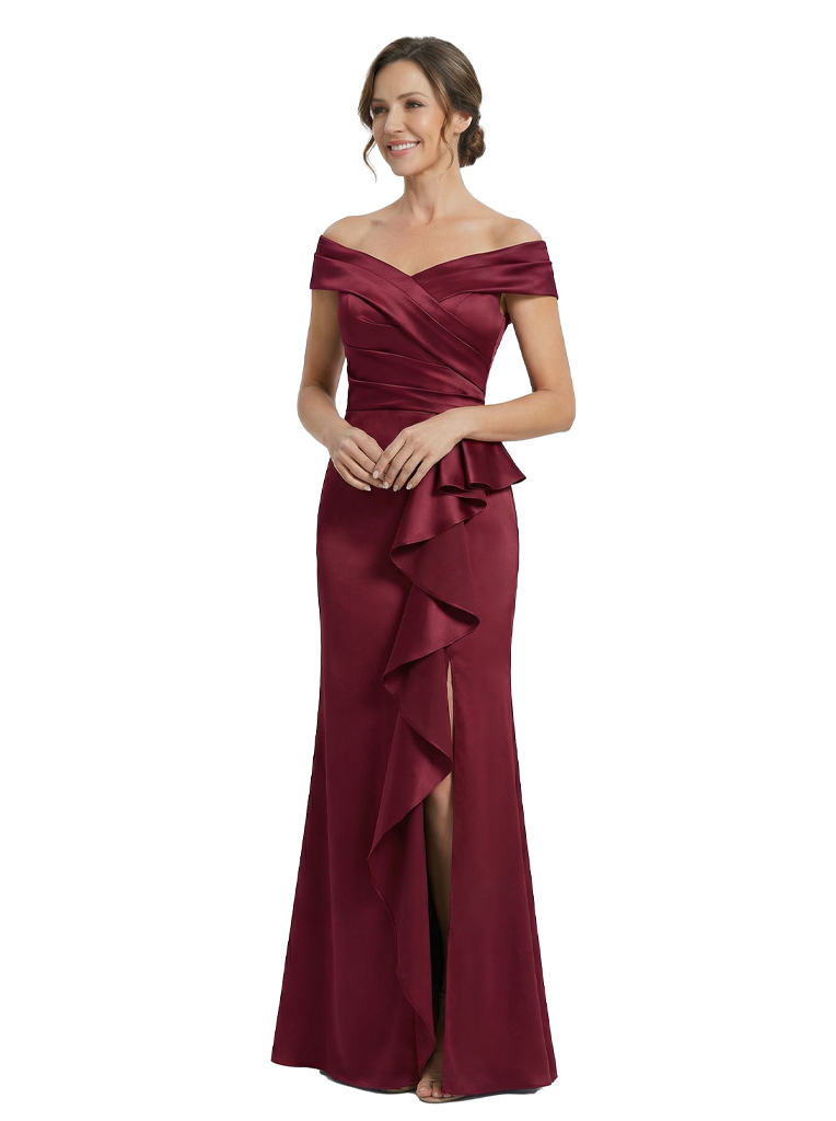 Elegant Off Shoulder Satin Side Slit Ruffles Mermaid Mother Of The Bride Dresses