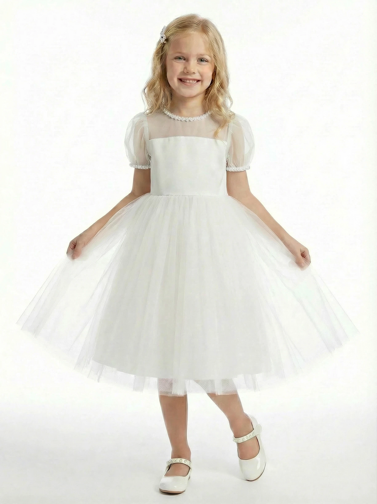 Sheer Yoke Puff Sleeve Flower Girl Dress Illusion-Neck A-Line Tulle Party Dress