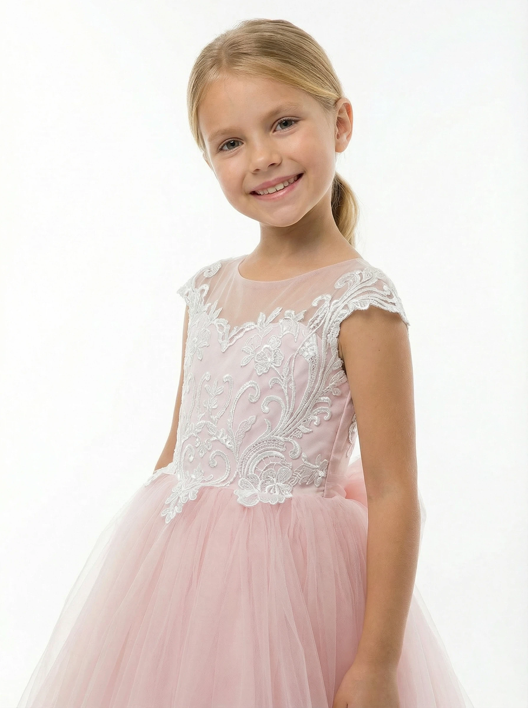 Princess Flower Girl Gown with Illusion Neck Sleeveless A Line Tulle Skirt Lace Train Dress