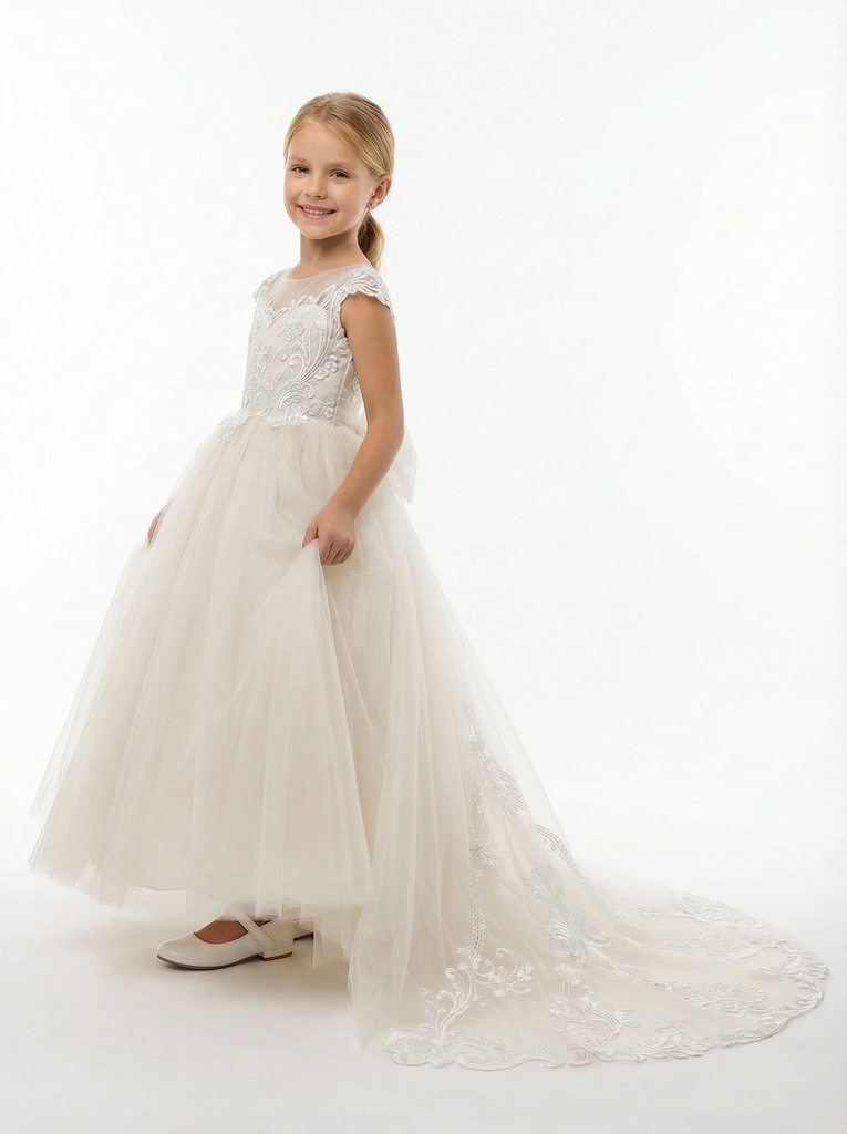 Illusion Neck Flower Girl Dress with Cap Sleeves A Line Tulle Skirt Cathedral Train Gown