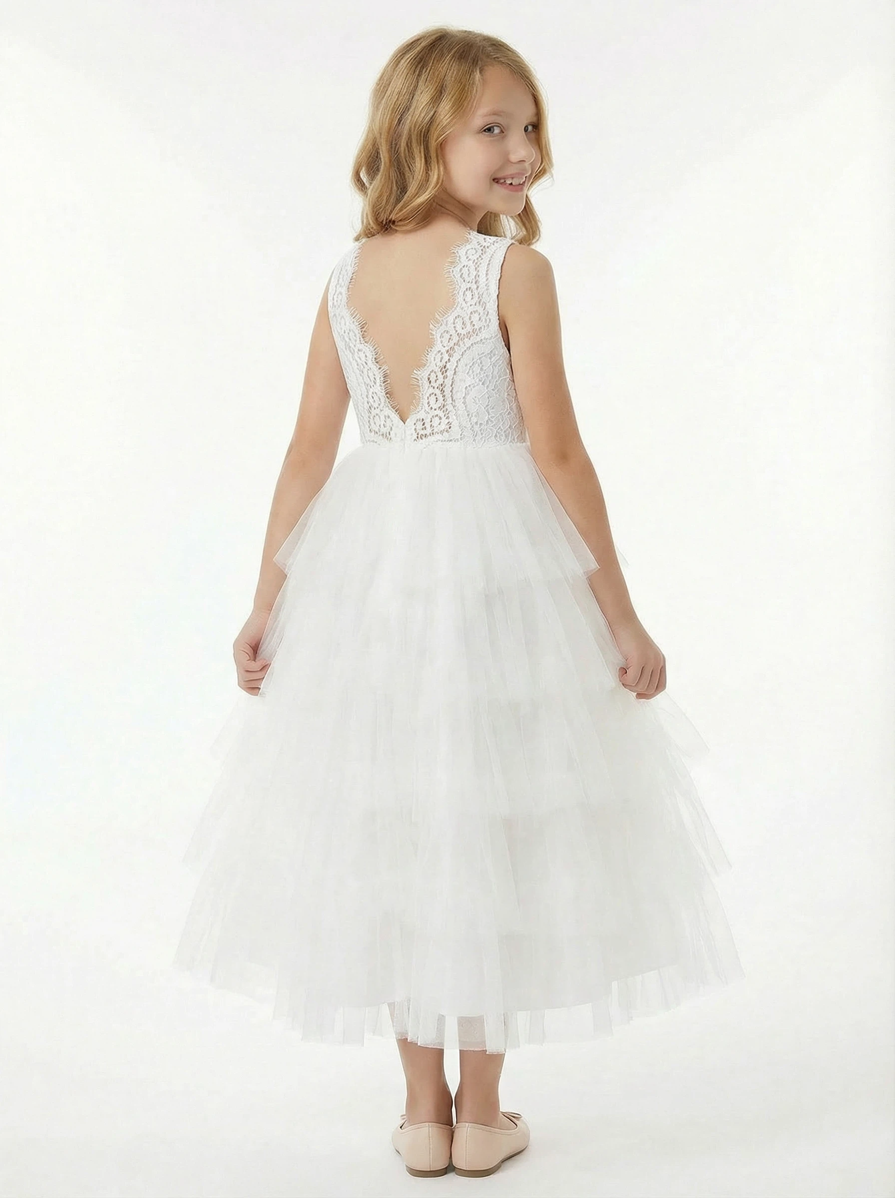 Lace Layered Tulle Princess Dress Flower Girl Dress Birthday Party Dresses